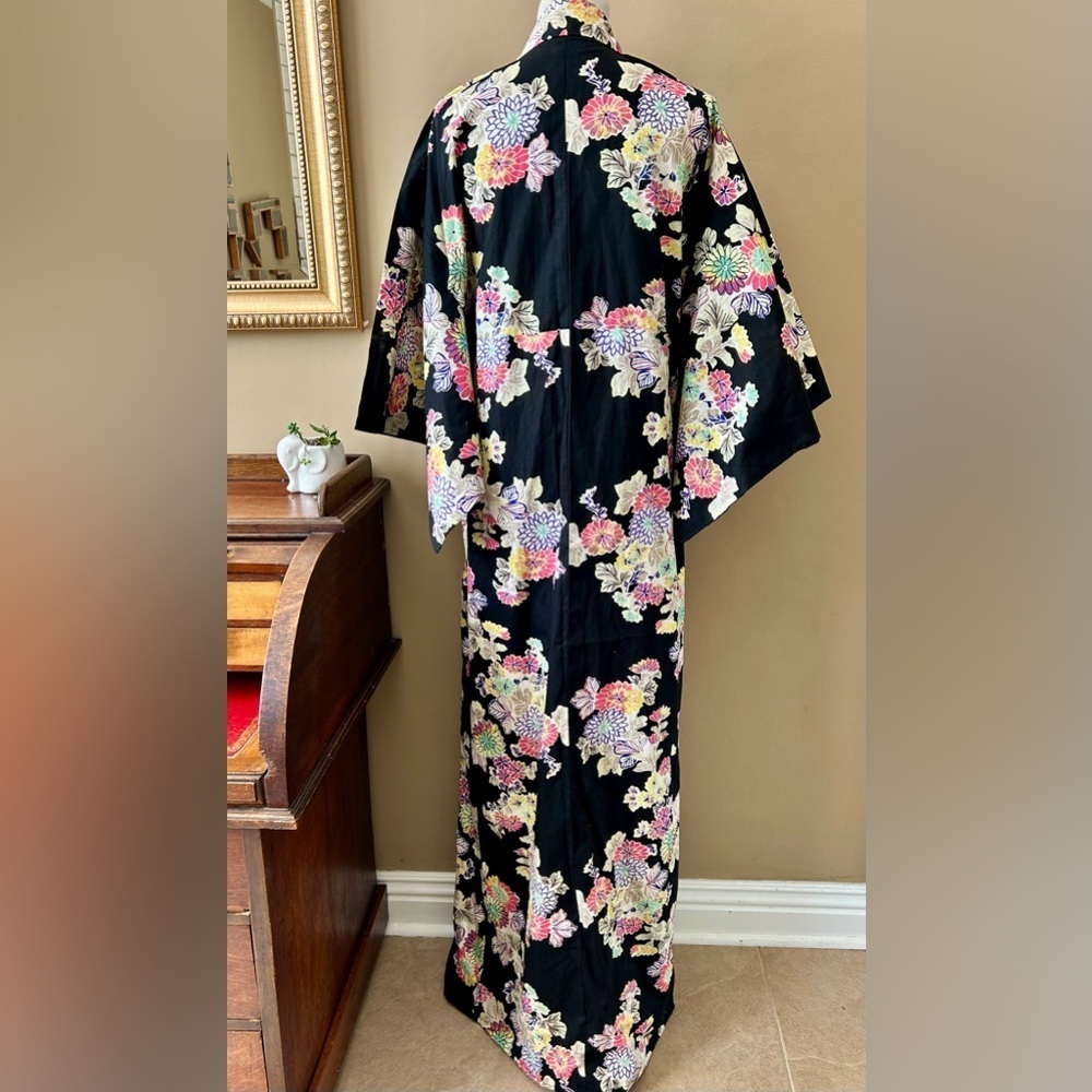 Japanese Floral Kimono Yukata Cotton Long Robe Black Multi Color Chrysanthemum - Picture 5 of 8